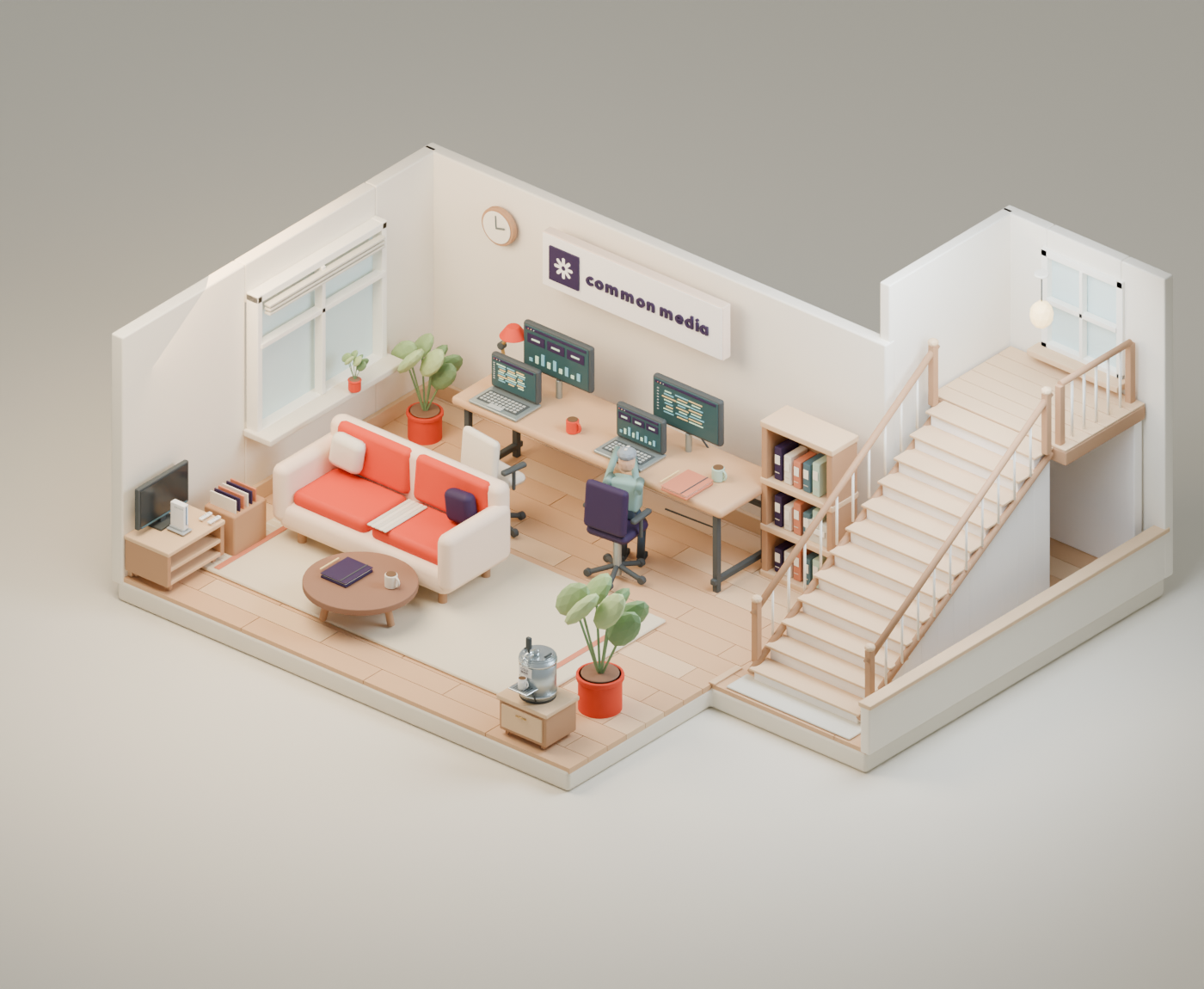 An L-shaped living room with the arriving cyclist seated at a desk, a sofa, a Wii, a cold brew keg, and stairs to an upper landing.