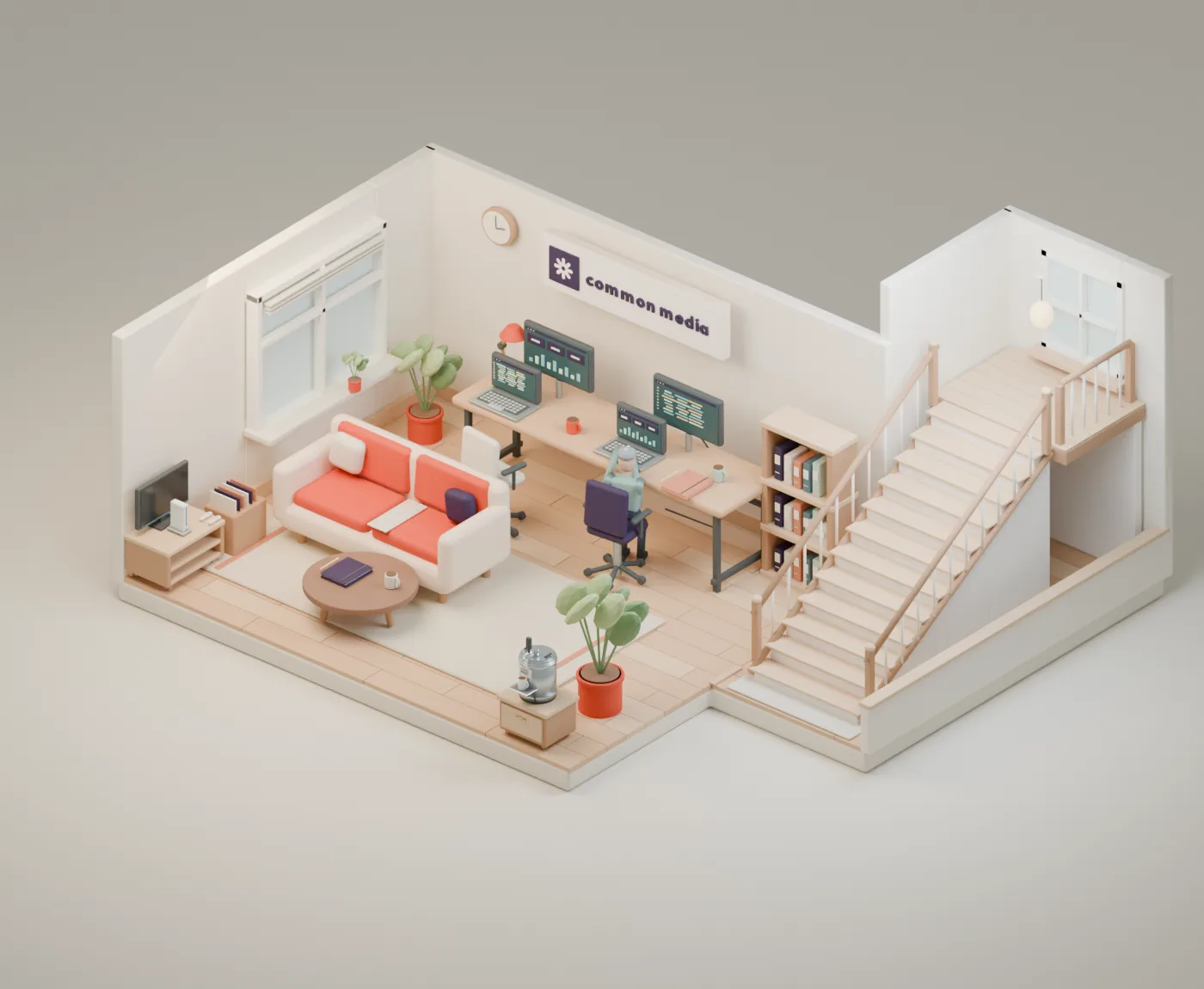 An L-shaped living room with the arriving cyclist seated at a desk, a sofa, a Wii, a cold brew keg, and stairs to an upper landing.