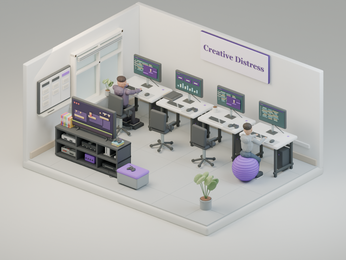 A small Creative Distress office with the arriving hoodie-wearing worker seated at a desk, four desks in a row, an exercise-ball coworker, and game systems.