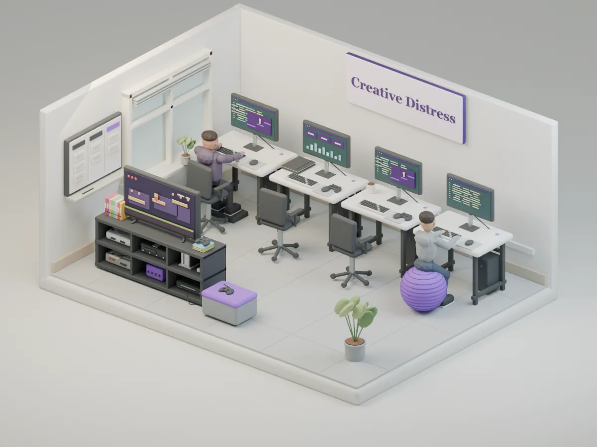A small Creative Distress office with the arriving hoodie-wearing worker seated at a desk, four desks in a row, an exercise-ball coworker, and game systems.