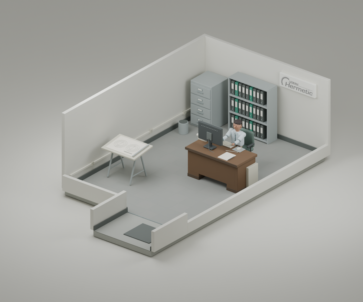 A plain, windowless engineering office with an LCD and the arriving worker seated at the old wood desk in a button-up and chinos.