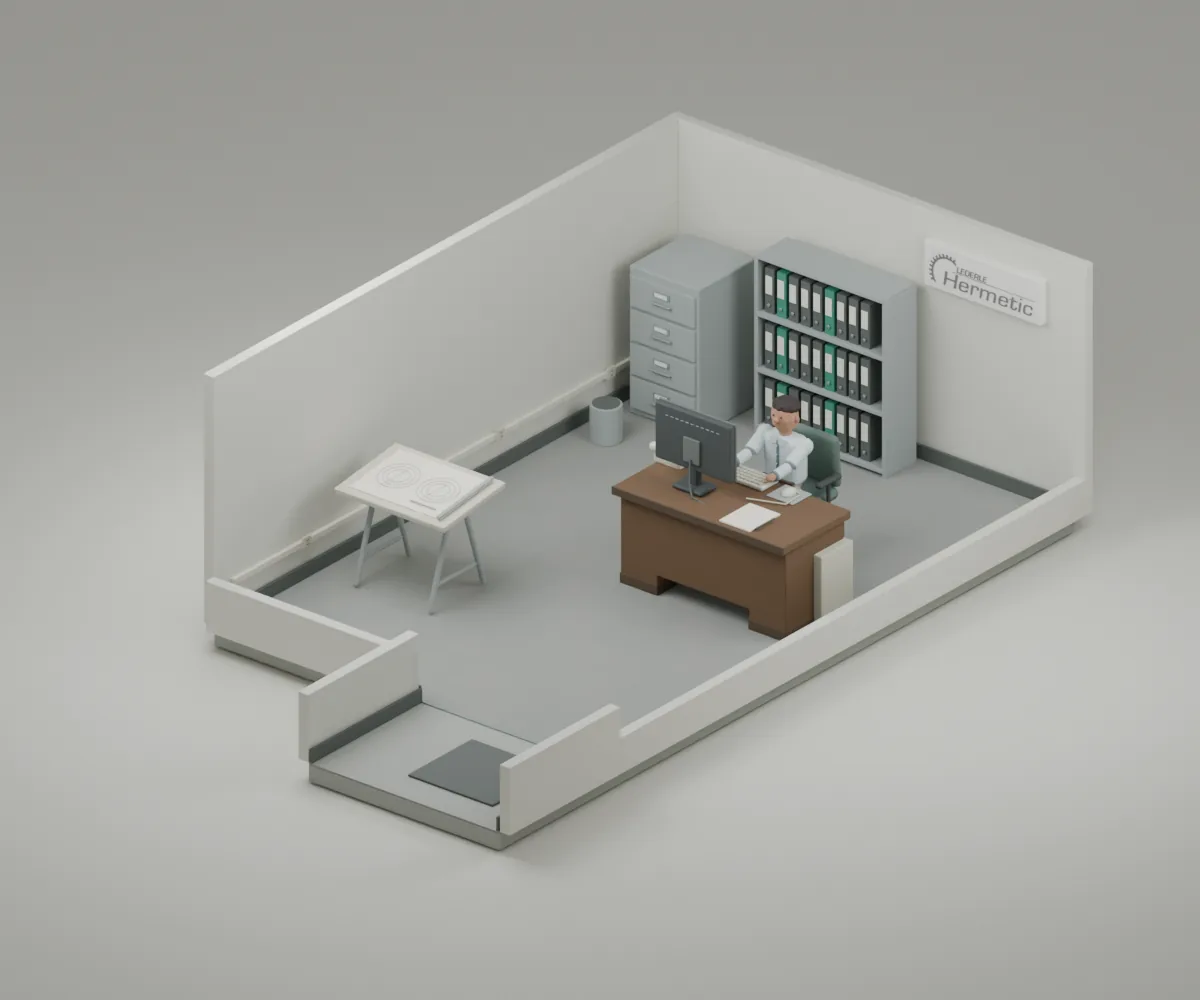 A plain, windowless engineering office with an LCD and the arriving worker seated at the old wood desk in a button-up and chinos.