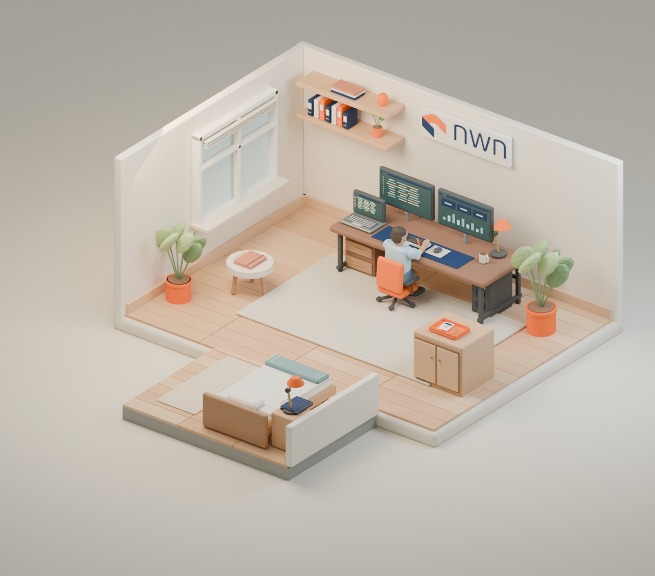 An NWN home office beside a bedroom nook, with the same person now seated at the desk in shorts and a button-up.